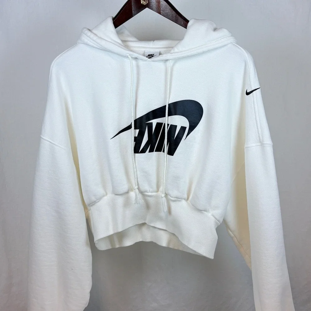 Nike Upside Down Logo  Oversized Cropped French Terry Hoodie White Black Large